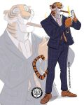  anthro bengal_tiger black_body black_eyebrows black_eyes black_fur black_pupils black_stripes black_tie_(suit) bottomwear bracelet brown_nose cigar cigar_in_mouth classy claws claws_out clothed clothing coat crows_feet disney dress_shirt ear_piercing ear_ring eyebrows felid fingernails fire footwear freckles fully_clothed fur grin half-closed_eyes happy holding_object jacket jewelry lighter long_tail male mammal markings mastermindsconnect multicolored_body multicolored_fur nails narrowed_eyes necktie object_in_mouth orange_body orange_fur pantherine pants piercing pupils ring_piercing shadow sharp_claws sharp_fingernails sharp_nails shere_khan shirt shoes signature simple_background slit_pupils smile smirk smoking smoking_cigar smug smug_expression smug_face smug_grin solo standing striped_body striped_fur striped_markings striped_tail stripes suit tail tail_markings talespin the_jungle_book thick_eyebrows tiger topwear whiskers white_background white_body white_fur yellow_sclera 