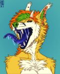  2020 anthro artist_logo blue_background blue_saliva blue_sclera blue_tongue bodily_fluids bust_portrait canid cheek_tuft dated eyelashes facial_tuft female fur glistening glistening_eyes green_eyes green_hair green_nose hair hi_res logo long_tongue looking_at_viewer mammal mouth_shot narrowed_eyes open_mouth orange_hair piercing portrait riorix saliva saliva_string shoulder_tuft simple_background solo stud_piercing tongue tongue_piercing tongue_stud tuft unusual_bodily_fluids unusual_saliva white_body white_fur yellow_body yellow_fur 