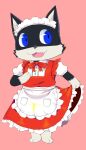  anthro apron atlus black_body black_fur black_nose blue_eyes bottomwear bow_ribbon clothed clothing clothing_lift domestic_cat fangs felid feline felis fur hand_on_chest hi_res inner_ear_fluff maid_headdress maid_uniform male mammal mask megami_tensei megami_tensei_persona morgana_(persona) pockets red_clothing rhonbon skirt skirt_lift symbol teeth tuft uniform white_body white_fur 