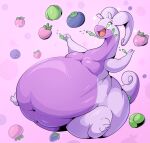  ambiguous_gender belly berry big_belly curled_tail food fruit generation_6_pokemon goodra hi_res hyper hyper_belly navel nintendo plant pokemon pokemon_(species) slime solo tail thick_thighs veryfilthything 