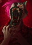  2020 anthro artist_logo black_claws black_lips blood blood_in_mouth blood_on_face blood_on_tongue bodily_fluids bust_portrait cheek_tuft claws clothed clothing dated facial_tuft fangs finger_claws front_view fur green_body green_fur hair hi_res insane lips lobezhowl logo male mouth_shot multicolored_eyes open_mouth orange_eyes pink_hair portrait red_clothing red_topwear riorix saliva saliva_string sharp_teeth simple_background solo teeth topwear tuft two_tone_eyes whiskers white_body white_fur yellow_eyes 