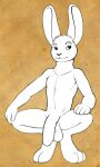  crouching digitigrade hands_on_legs hands_on_thighs invalid_tag jagrabbit lagomorph leporid male mammal monochrome paper_background paws rabbit simple_background sketch solo textured_background 