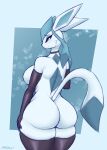  absurd_res anthro big_butt blush blush_lines breasts butt clothing eeveelution female generation_4_pokemon glaceon hi_res legwear looking_at_viewer looking_back mistrct nintendo pokemon pokemon_(species) rear_view solo standing thigh_highs 