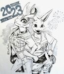  2023 5_fingers ako_(beastars) anthro beastars bracelet breasts chinese_zodiac clothed clothing coat domestic_rabbit duo dwarf_rabbit english_text facial_scar female fingers fireworks fur haru_(beastars) hi_res humanoid_hands jewelry joze_osaka lagomorph leporid mammal necklace new_year_2023 open_mouth open_smile oryctolagus rabbit scar signature smile teeth text topwear year_of_the_rabbit 