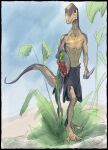  anthro claws clothed clothing digital_media_(artwork) dinosaur fish hi_res knife long_tail male marine plant reptile scalie scipionyx scipionyx_samniticus scuotivento slim solo tail weapon yellow_sclera 