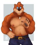  anthro banjo-kazooie banjo_(banjo-kazooie) bear belt blue_eyes brown_body brown_fur clothed clothing fur gesture jewelry male mammal muscular muscular_male necklace pecs rareware smile solo tooth_necklace topless valnvt waving 
