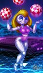  2021 amiga blonde_hair blue_eyeshadow breasts eyeshadow female fernando_faria grey_body grey_skin hair hi_res juggette_(juggler) juggler juggler_(amiga) juggling keyboard looking_at_viewer machine makeup purple_eyes robot smile vaporwave wide_hips 