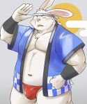  2023 anthro asian_clothing blush bulge clothing detailed_bulge east_asian_clothing eyes_closed fundoshi hi_res humanoid_hands japanese_clothing kemono lagomorph leporid male mammal musclegut navel rabbit red_clothing red_fundoshi red_underwear shiike999 solo underwear white_body 