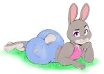  2023 anthro barefoot big_butt bonnie_hopps bottomwear breasts butt butt_focus clothing countershade_feet countershading denim denim_clothing disney eyebrows feet female fur grey_body grey_fur hi_res huge_butt jeans lagomorph leporid looking_at_viewer lying mammal mature_female on_front pants pink_clothing pink_shirt pink_topwear purple_eyes rabbit raised_eyebrow scut_tail shirt short_tail small_breasts smile soles solo tail topwear usnarbit zootopia 