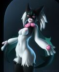  anthro areola biped breasts female generation_9_pokemon genitals green_body looking_at_viewer medium_breasts meowscarada nintendo nipples open_mouth pink_areola pink_nipples pokemon pokemon_(species) purple_eyes pussy shsuo solo 