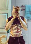  abs absurd_res anthro breasts clothed clothing digital_media_(artwork) domestic_cat felid feline felis fur hair hi_res looking_at_viewer male mammal muscular muscular_anthro muscular_male nipples pecs puffer_puff smile solo 