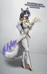  anthro boots breasts cleavage cleavage_cutout clothed clothing dialogue english_text epaulette fan_character female footwear fur hair hi_res high_heeled_boots high_heels labys_skynote long_hair multi_tail open_mouth solo tail talking_to_viewer text uniform walking white_body white_fur 