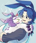  bandai_namco blue_hair blush digimon digimon_(species) duo embrace eyewear fake_ears fake_rabbit_ears feral fur glasses gomamon hair hug human joe_kido kissing_cheek lanllan male male/male mammal white_body white_fur 