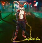  absurd_res anthro blue_eyes bottomwear brown_body brown_fur clothing cybernetic_arm cybernetic_eye cybernetic_limb cybernetics cyberpunk_2077 fire footwear fur graham_(artist) gun hi_res holding_object holding_weapon lagomorph leporid looking_at_viewer machine male mammal neon_lights nipples pants prosthetic prosthetic_arm prosthetic_limb rabbit ranged_weapon red_body red_fur screencap screencap_background shirtless shoes shotgun solo weapon white_body white_fur 