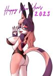  2023 3_fingers anthro barbell_piercing big_breasts breasts bunny_costume butt calico_cat clothing colormute costume domestic_cat ear_piercing eyewear fangs felid feline felis female fingers fur glasses hair heart_(marking) hi_res holidays industrial_piercing kat_blackheart mammal mottled multicolored_body multicolored_fur multicolored_hair new_year piebald piercing solo stud_piercing teeth tongue tongue_piercing two_tone_body two_tone_fur two_tone_hair 