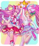  2girls :d absurdres arm_up blonde_hair choker cone_hair_bun crop_top cure_precious cure_summer delicious_party_precure earrings elbow_gloves eye_contact fingerless_gloves floating_hair gloves green_eyes hair_bun highres jewelry kome-kome_(precure) layered_skirt long_hair looking_at_another midriff miniskirt multicolored_hair multiple_girls open_mouth pink_hair precure purple_eyes red_choker red_skirt shiny shiny_hair shrimp1634 skirt smile tropical-rouge!_precure very_long_hair white_choker white_gloves white_skirt 