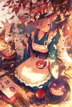  1girl akagi_shun apron blue_kimono bowl chinese_zodiac cookbook food hair_over_one_eye hat japanese_clothes kimono ladle leaf looking_at_animal original rabbit red_eyes sitting smile snow soup wariza white_apron white_hair witch_hat year_of_the_rabbit 