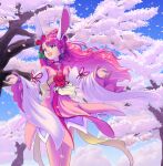  1girl animal_ears cherry_blossoms choker collarbone cure_grace cure_grace_(partner_form) day detached_sleeves dress floating_hair hair_ornament healin&#039;_good_precure heart heart_hair_ornament highres long_hair long_sleeves open_mouth outdoors pink_dress precure rabbit_ears red_choker red_eyes red_hair shiny shiny_hair shrimp1634 solo spring_(season) standing very_long_hair white_sleeves wide_sleeves 