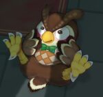  2021 animal_crossing avian bird blathers_(animal_crossing) blush brown_body claws feet feet_up green_bow_tie lying male neocerapaima nintendo on_back owl solo surprised_expression talons toe_claws 