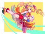  1girl :o bare_arms bike_shorts blonde_hair border china_dress chinese_clothes cure_yum-yum delicious_party_precure dress floating_hair full_body gloves high_heels highres long_hair mem-mem_(precure) open_mouth orange_dress orange_footwear outside_border precure red_eyes red_shorts shadow shiny shiny_hair short_shorts shorts shorts_under_dress shrimp1634 solo thighhighs twintails white_border white_gloves white_thighhighs zettai_ryouiki 