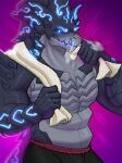  absurd_res after_exercise anthro biceps black_body bodily_fluids breath bulge capcom ebony_odogaron fanged_wyvern glowing glowing_eyes glowing_markings grey_body hi_res looking_at_viewer male manly markings monster_hunter mrjairorate muscular odogaron pecs scalie smile solo sweat teeth towel vezath 