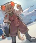  2023 anthro biped boots buckteeth bulge charles_(bunjirou) clothed clothing digital_media_(artwork) erection erection_under_clothing flexing_bicep footwear fur jacket male mammal meatshaq mouse murid murine open_clothing open_jacket open_topwear rodent solo teeth topwear white_body white_fur 