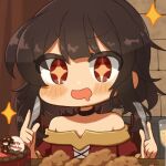  +_+ 1girl bangs black_choker blush brown_hair butter_knife cake choker commentary_request cup dress drinking_glass excited food fork happy_birthday holding holding_fork holding_knife knife kono_subarashii_sekai_ni_shukufuku_wo! megumin open_mouth red_dress red_eyes short_hair short_hair_with_long_locks sidelocks solo sparkle sparkling_eyes star-shaped_pupils star_(symbol) symbol-shaped_pupils upper_body yaminotsuki_kisaragi 