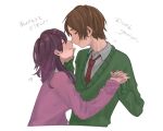  1boy 1girl blush brown_hair closed_eyes green_sweater gumix52 hand_on_another&#039;s_cheek hand_on_another&#039;s_face heart hetero highres holding_hands interlocked_fingers long_hair looking_at_another mutsumi_asuma necktie pink_sweater purple_hair red_necktie serinuma_kae simple_background smile sweater upper_body watashi_ga_motete_dousunda white_background 