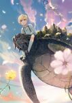  1boy animal blonde_hair blue_eyes blurry child cloud cloudy_sky collared_shirt copyright_request depth_of_field flower from_below kneehighs korean_commentary long_sleeves looking_afar male_child male_focus mary_janes novel_illustration official_art open_mouth outdoors petals shirt shoes short_hair sky socks solo sssttt suspenders turtle 