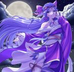  1girl adjusting_hair bow circlet cure_earth floating_hair full_moon grey_eyes grey_hair grin hair_bow hair_ornament hand_in_own_hair healin&#039;_good_precure heart heart_hair_ornament highres japanese_clothes jewelry kimono long_hair long_sleeves looking_at_viewer moon night outdoors pink_bow precure purple_kimono ring shiny shiny_hair shrimp1634 sky smile solo standing star_(sky) starry_sky very_long_hair wide_sleeves 