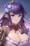  1girl absurdres ahoge bangs breasts cleavage commentary_request genshin_impact hair_ornament highres japanese_clothes jinjidejidanhuang kimono large_breasts long_hair looking_at_viewer off_shoulder purple_eyes purple_hair purple_kimono raiden_shogun solo upper_body 