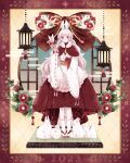  1girl 2023 animal animal_ears arrow_(projectile) bangs bell border bow brooch camellia capelet chinese_zodiac cocoroppy commentary dress egasumi faux_figurine floral_print flower frills full_body fur_collar hamaya highres holding holding_arrow jewelry jingle_bell lantern lolita_fashion long_hair long_sleeves looking_at_viewer obi original print_bow rabbit rabbit_ears rabbit_girl red_border red_capelet red_dress red_eyes red_flower ribbon-trimmed_sleeves ribbon_trim round_window sash shippou_(pattern) sleeves_past_wrists socks solo standing straight-on tabi very_long_hair wa_lolita wavy_hair white_dress white_hair white_rabbit_(animal) white_socks wide_sleeves window year_of_the_rabbit zouri 