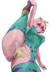  1girl absurdres anus ashido_mina black_sclera boku_no_hero_academia breasts colored_sclera colored_skin female_pubic_hair highres horns large_breasts leg_up looking_at_viewer minakami_(flyingman555) pink_hair pink_skin pubic_hair short_hair smile solo thick_thighs thighs thong white_background yellow_eyes 