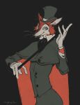 1boy animal_ears ascot black_background cane cape fox fox_ears furry furry_male gloves hat highres holding holding_cane honest_john_(disney) looking_at_viewer male_focus nagabe pinocchio red_eyes signature smirk solo top_hat 