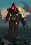  1girl absurdres alternate_costume arm_cannon armor ass commission from_behind helmet highres metroid monster_wolf motion_blur outdoors power_armor power_suit_(metroid) samus_aran shoulder_armor splashing water weapon 