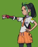  1girl bag black_hair breasts dark-skinned_female dark_skin fingerless_gloves freckles gloves green_background green_hair grin hand_on_hip holding holding_poke_ball long_hair multicolored_hair naranja_academy_school_uniform necktie nemona_(pokemon) orange_eyes orange_necktie orange_shorts pantyhose poke_ball poke_ball_(basic) pokemon pokemon_(game) ponytail school_uniform shirt shorts simple_background single_glove small_breasts smile solo streaked_hair sugimori_ken white_shirt 