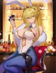  1girl animal_ears artoria_pendragon_(fate) artoria_pendragon_(swimsuit_ruler)_(fate) bangs bare_shoulders blonde_hair blue_necktie blue_pantyhose blush braid breasts card card_holster casino_card_table clothing_cutout detached_collar fake_animal_ears fate/grand_order fate_(series) feather_boa fishnet_pantyhose fishnets french_braid green_eyes highleg highleg_leotard highres holster indoors large_breasts leotard long_hair looking_at_viewer navel_cutout necktie pantyhose playboy_bunny playing_card poker_chip poker_table ponytail rabbit_ears short_necktie sitting table thigh_holster tiara ura_illust white_leotard 