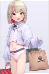  1girl :o aqua_nails bag blonde_hair bra colored_inner_hair commentary_request cowboy_shot fang grey_bra highres long_sleeves looking_at_viewer makaino_ririmu multicolored_hair nail_polish nijisanji no_pants open_mouth panties paper_bag pink_hair pointy_ears puffy_long_sleeves puffy_sleeves red_eyes sabamen short_hair simple_background skin_fang solo two-tone_hair underwear virtual_youtuber white_hair 