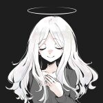  1girl akahito_(akaironotanin) bangs black_background closed_eyes closed_mouth grey_shirt halo hand_on_own_chest highres long_hair long_sleeves original shirt simple_background solo upper_body white_hair 