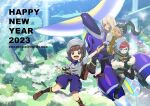  2023 2boys 2girls arven_(pokemon) black_footwear black_socks blue_hair boots breast_pocket brown_footwear brown_hair cocoloco commentary_request day florian_(pokemon) grey_headwear grey_shirt happy_new_year hat holding_another&#039;s_wrist hood hood_down hoodie kneehighs miraidon multicolored_hair multiple_boys multiple_girls necktie nemona_(pokemon) outdoors pantyhose penny_(pokemon) pocket poke_ball_print pokemon pokemon_(creature) pokemon_(game) pokemon_sv ponytail purple_necktie purple_shorts red_hair riding riding_pokemon school_uniform shirt shoes short_sleeves shorts socks two-tone_hair uva_academy_school_uniform vest yellow_vest 