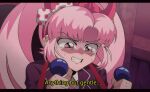 1girl angry bangs bow clenched_teeth controller danganronpa_(series) danganronpa_another_episode:_ultra_despair_girls english_text fake_horns holding horns joystick kiki_witch letterboxed long_hair parted_bangs pink_eyes pink_hair polka_dot polka_dot_bow portrait solo subtitled tearing_up teeth twintails utsugi_kotoko 