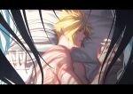  2boys blonde_hair closed_eyes cloud_strife eilinna final_fantasy final_fantasy_vii final_fantasy_vii_remake hair_between_eyes letterboxed long_hair lying male_focus multiple_boys on_bed on_side out_of_frame parted_lips pillow sephiroth short_hair sleeping spiked_hair toned toned_male topless_male upper_body yaoi 