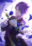  1boy a_ching bangs blue_flower blue_rose blurry blurry_background buttons collared_shirt colored_eyelashes flower flower_in_pocket formal gloves highres kamishiro_rui long_sleeves male_focus multicolored_hair parted_bangs petals project_sekai purple_hair rose rose_petals shirt short_hair smile solo streaked_hair striped white_gloves window yellow_eyes 