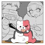  1boy 1girl :d andou_ruruka black_scarf candy danganronpa_(series) danganronpa_3_(anime) danganronpa_v3:_killing_harmony food fur-trimmed_jacket fur_collar fur_trim grin holding holding_candy holding_food holding_lollipop holding_weapon izayoi_sounosuke jacket kunai lollipop looking_at_another monotarou_(danganronpa) open_mouth pointing pointing_at_another scared scarf shimada_(dmisx) short_hair smile star_ornament stuffed_animal stuffed_toy sweat teddy_bear teeth weapon 