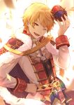  1boy a_ching bangs belt blonde_hair cape crown gradient_hair hair_between_eyes hand_on_hip highres holding holding_crown long_sleeves looking_at_viewer male_focus multicolored_hair neck_ruff one_eye_closed open_mouth orange_eyes orange_hair project_sekai short_hair solo teeth tenma_tsukasa upper_body upper_teeth_only wonder_magical_showtime!_(project_sekai) 