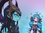  2girls antenna_hair bangs black_bodysuit black_bow black_dress black_hair blush_stickers bodysuit bow carrot closed_mouth collarbone colored_sclera colored_skin commentary covered_collarbone dress drill_hair green_background green_sclera green_skin grey_dress gwen_(league_of_legends) helmet kalista league_of_legends long_hair multicolored_background multiple_girls neck_tattoo no_pupils phantom_ix_row plume shiny shiny_hair smile sparkle strapless strapless_dress symbol-only_commentary tattoo twin_drills twintails 