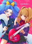  2girls aisaki_emiru bangs blue_eyes blue_hair blunt_bangs brown_hair choker commentary_request crown_earrings earrings guitar high_ponytail highres holding holding_plectrum hugtto!_precure instrument jacket jewelry kirakira_precure_a_la_mode leather leather_jacket long_hair microphone multiple_girls necklace open_mouth parted_bangs plectrum precure purple_jacket red_choker red_eyes red_nails skirt tategami_aoi turtleneck twintails uta_(yagashiro25) 