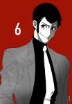  1boy arsene_lupin_iii black_hair black_shirt cog_hal collared_shirt furrowed_brow grey_eyes grey_jacket grin heterochromia jacket long_sleeves lupin_iii male_focus monochrome necktie red_background red_eyes red_theme shirt short_hair sideburns smile solo suit_jacket upper_body white_necktie 