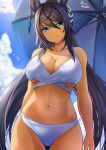  1girl animal_ears bangs bare_arms bare_shoulders beach_umbrella bikini black_hair blue_eyes blue_sky cloud collarbone commentary_request cowboy_shot day hair_between_eyes herohero_(higashi_no_dou) highres horse_ears horse_girl horse_tail long_hair looking_at_viewer navel outdoors sky solo standing stomach swimsuit symboli_kris_s_(umamusume) tail umamusume umbrella very_long_hair white_bikini 
