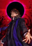  1boy black_eyes black_hole brown_hair cross cross_necklace darkness evil_smile fate/grand_order fate/stay_night fate_(series) habit hungry_clicker jewelry kotomine_kirei male_focus necklace priest scarf smile 